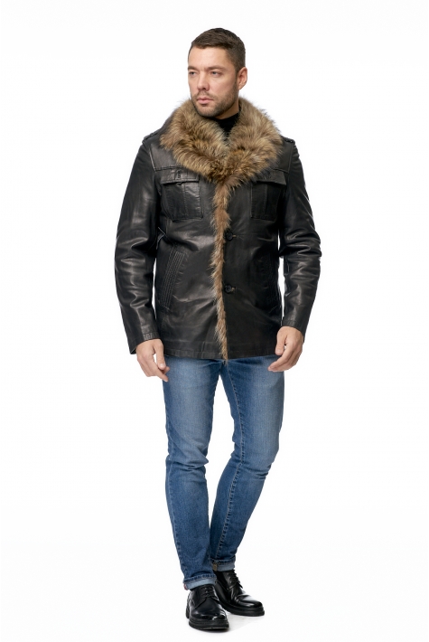 Мужская кожаная куртка из натуральной кожи на меху с воротником, отделка енот 8010789