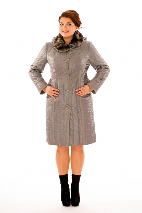 Женское пальто из текстиля с капюшоном, отделка искусственный мех 8011880