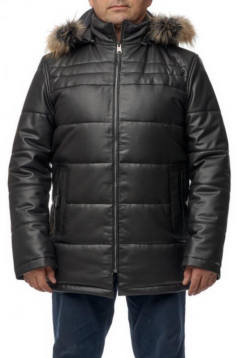 Мужская кожаная куртка из эко-кожи с капюшоном, отделка енот 8015047
