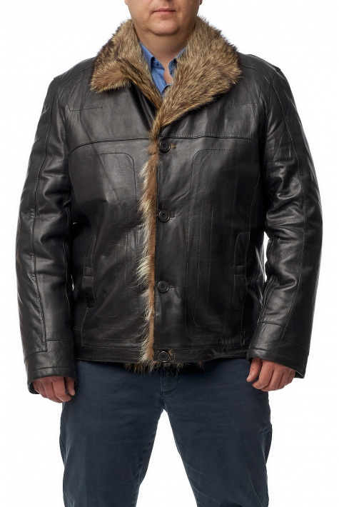 Мужская кожаная куртка из натуральной кожи с воротником, отделка енот 8016487