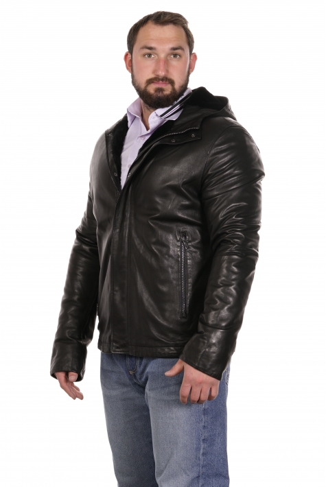 Мужская кожаная куртка из натуральной кожи на меху с капюшоном 8022690